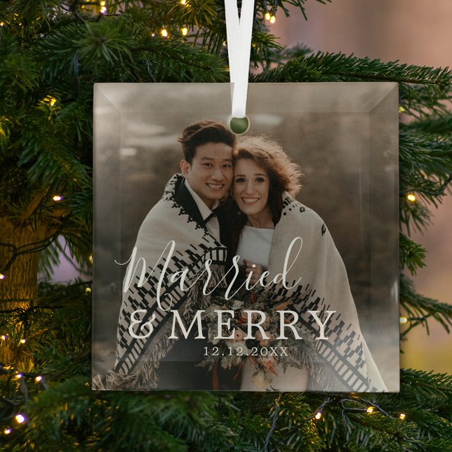 Elegant Modern Married and Merry Photo Glass Ornament (Elegant Modern Married and Merry Photo Glass Ornament)