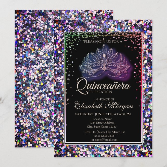 Elegant Modern Masque,Diamonds Sequins Quinceanera Invitation (Front/Back)