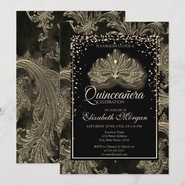 Elegant Modern Masque Floral Damask Quinceanera Invitation (Front/Back)