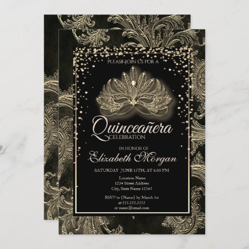 Elegant Modern Masque Floral Damask Quinceanera Invitation