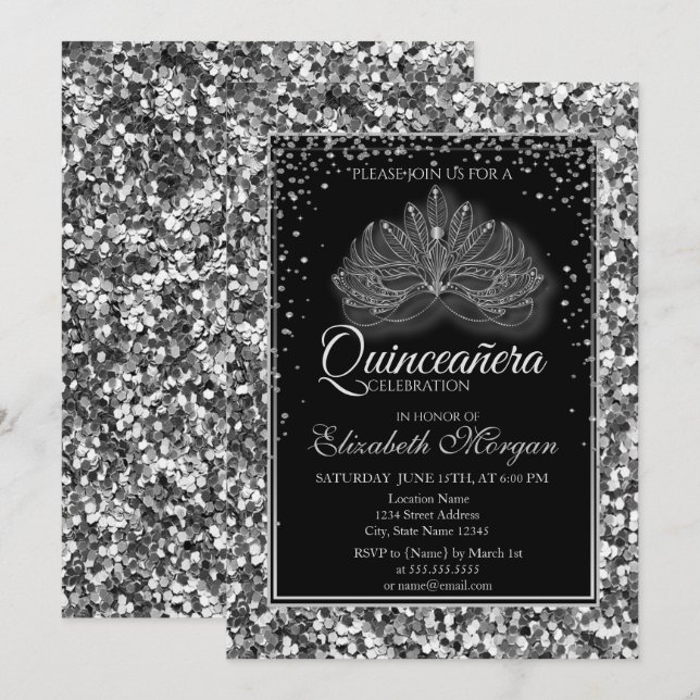Elegant Modern Masque Silver Sequins Quinceanera Invitation (Front/Back)