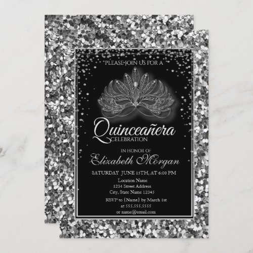 Elegant Modern Masque Silver Sequins Quinceanera Invitation