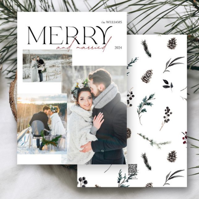Elegant Modern Merry and Married Newlyweds 3 Photo Holiday Card (Merry & married! Celebrate your first holiday as newlyweds with this elegant photo card.)