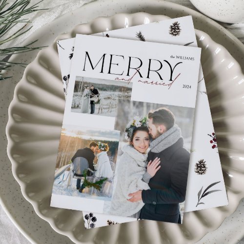 Elegant Modern Merry and Married Newlyweds 3 Photo Holiday Card