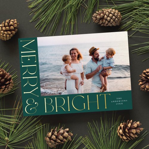 Elegant Modern Merry  Bright 1 Photo Green Gold  Foil Holiday Card