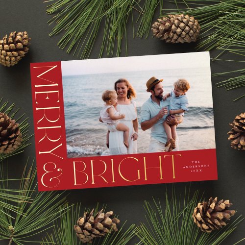 Elegant Modern Merry  Bright 1 Photo Red Gold  Foil Holiday Card