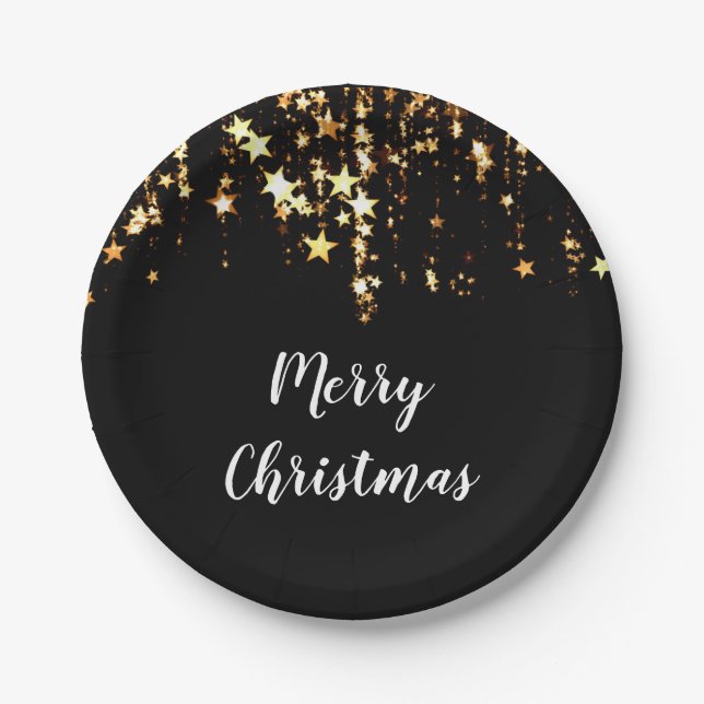 elegant modern Merry Christmas gold stars Paper Plates (Front)