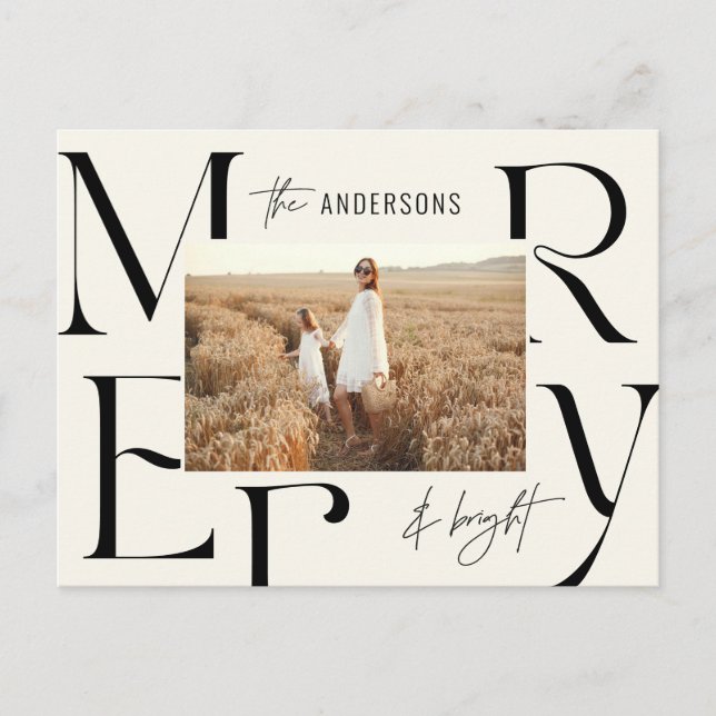 Elegant modern merry Christmas photo typography Holiday Postcard (Front)