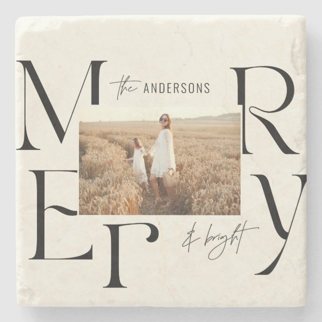 Elegant modern merry Christmas photo typography Stone Coaster (Front)