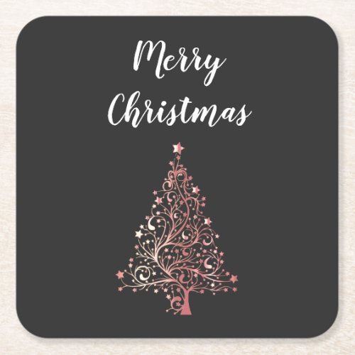 elegant modern Merry Christmas rose gold tree Square Paper Coaster