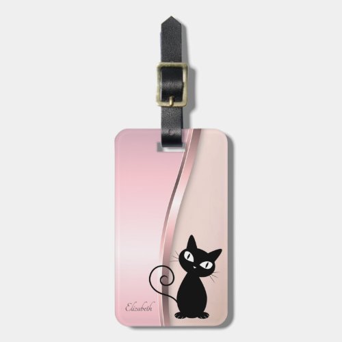 Elegant Modern Metallic Pink Black Cat Luggage Tag