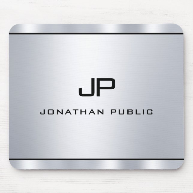 Elegant Modern Metallic Silver Look Monogram Mouse Pad (Front)