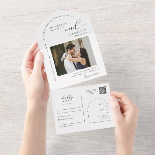 Elegant Modern Minimal Arch Wedding QR Code Photo All In One Invitation