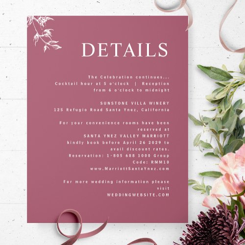 Elegant Modern Minimal Burgundy Wedding Details Enclosure Card