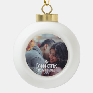 Elegant Modern Minimal Christmas Couple Photo Ceramic Ball Christmas Ornament