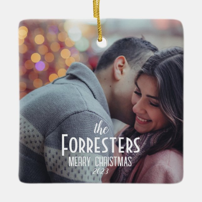 Elegant Modern Minimal Christmas Couple Photo Ceramic Ornament (Front)