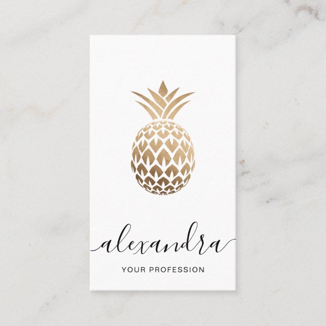 Elegant modern minimal copper gold white pineapple business card (Front)