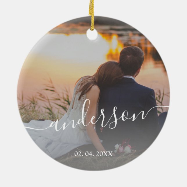 Elegant modern minimal custom family photo ceramic ornament (Back)