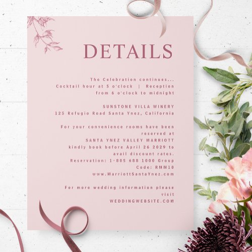 Elegant Modern Minimal Dusty Pink Wedding Details Enclosure Card