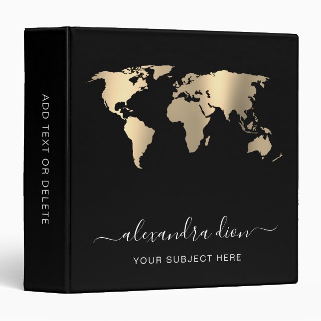 Elegant modern minimal gold black world map 3 ring binder (Front/Spine)
