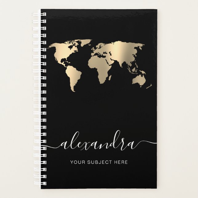 Elegant modern minimal gold black world map planner (Front)