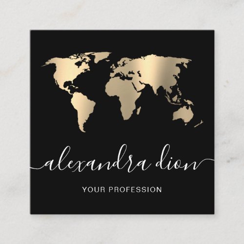 Elegant modern minimal gold black world map square business card