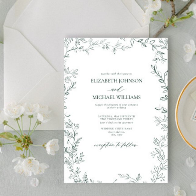 Elegant Modern Minimal Leaf Emerald Green Wedding Invitation (Creator Uploaded)