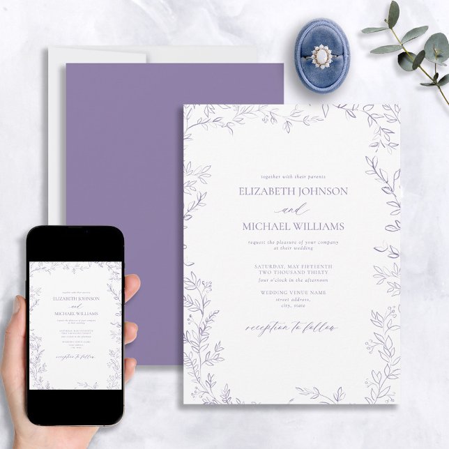 Elegant Modern Minimal Leaf Lavender Wedding Invitation (Creator Uploaded)