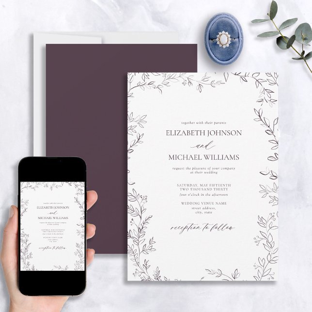 Elegant Modern Minimal Leaf Plum Purple Wedding Invitation (Creator Uploaded)