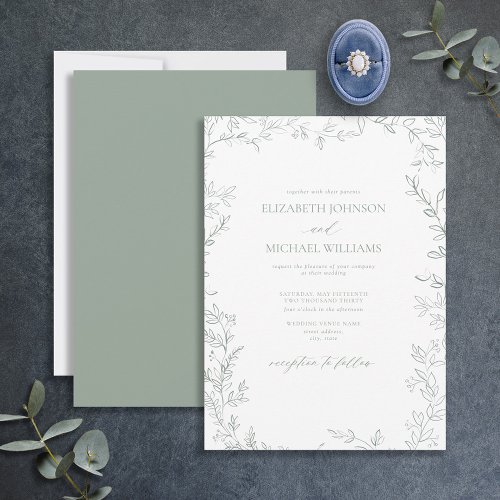 Elegant Modern Minimal Leaf Sage Green Wedding Invitation