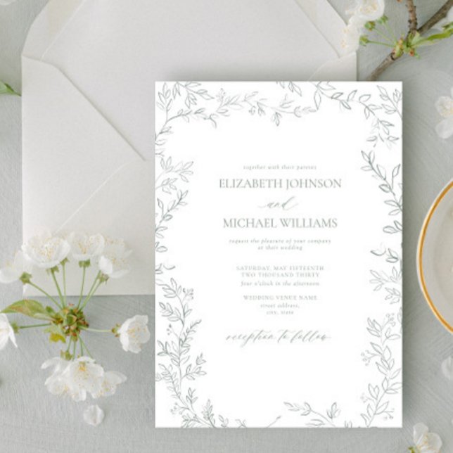Elegant Modern Minimal Leaf Sage Green Wedding Invitation (Creator Uploaded)