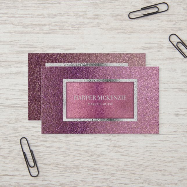 Elegant Modern Minimal Metallic Pink Purple Silver Business Card (Front/Back In Situ)