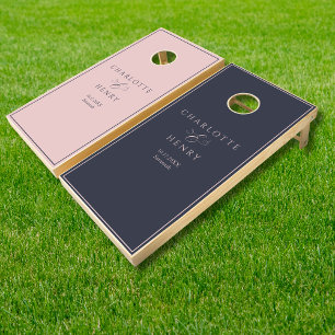 Elegant Modern Minimal Navy Blue & Blush Wedding Cornhole Set
