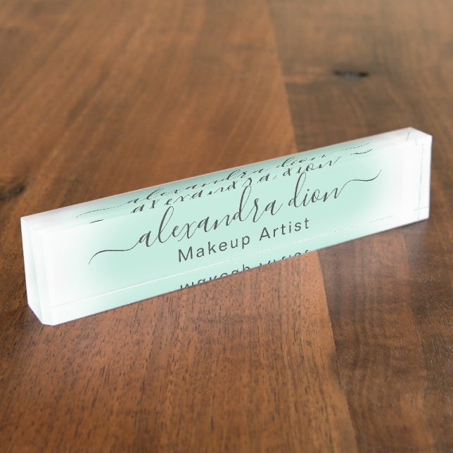 Elegant modern minimal pastel mint green desk name plate (Side)