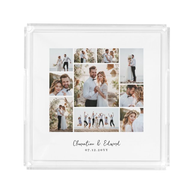Elegant modern minimal photo collage wedding acrylic tray (Front)