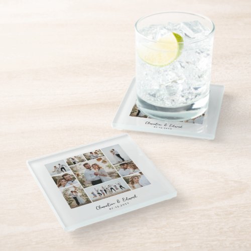 Elegant modern minimal photo collage wedding glass coaster