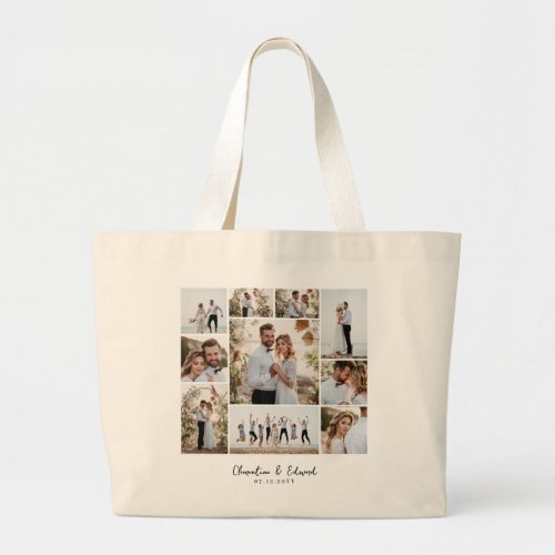 Elegant modern minimal photo collage wedding large tote bag