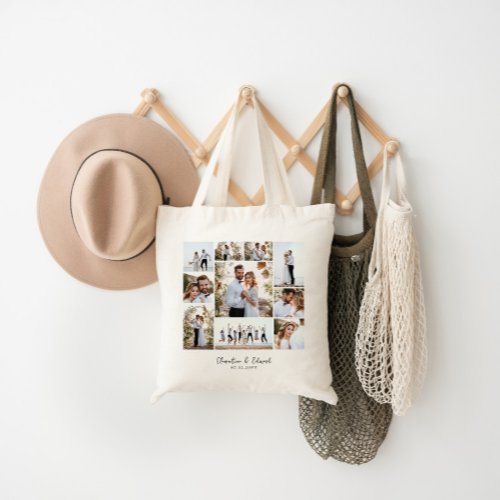 Elegant modern minimal photo collage wedding tote bag