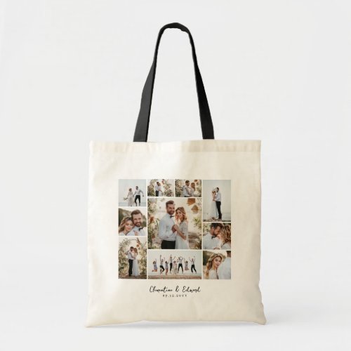 Elegant modern minimal photo collage wedding tote bag