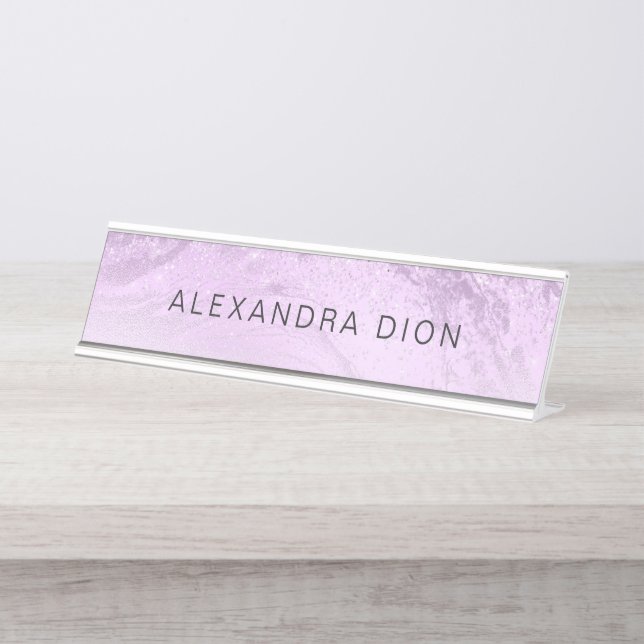 Elegant modern minimal purple glitter marble desk name plate (Front)
