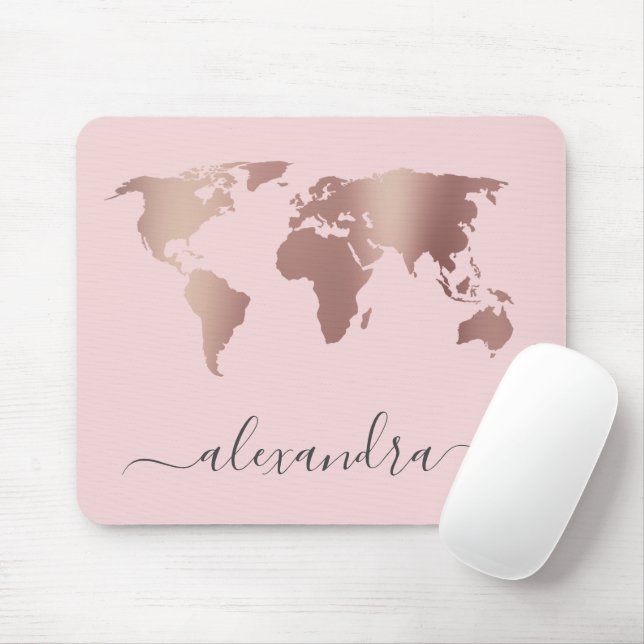 Elegant modern minimal rose gold pink world map mouse pad (With Mouse)