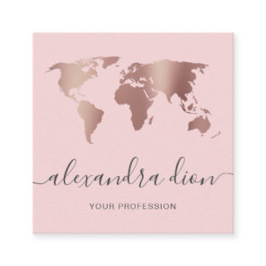 Elegant modern minimal rose gold pink world map square business card
