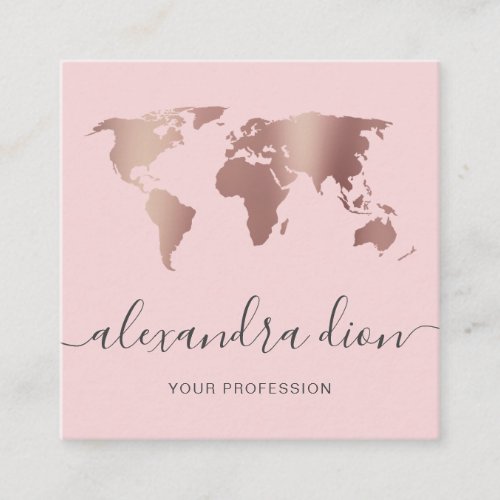 Elegant modern minimal rose gold pink world map square business card