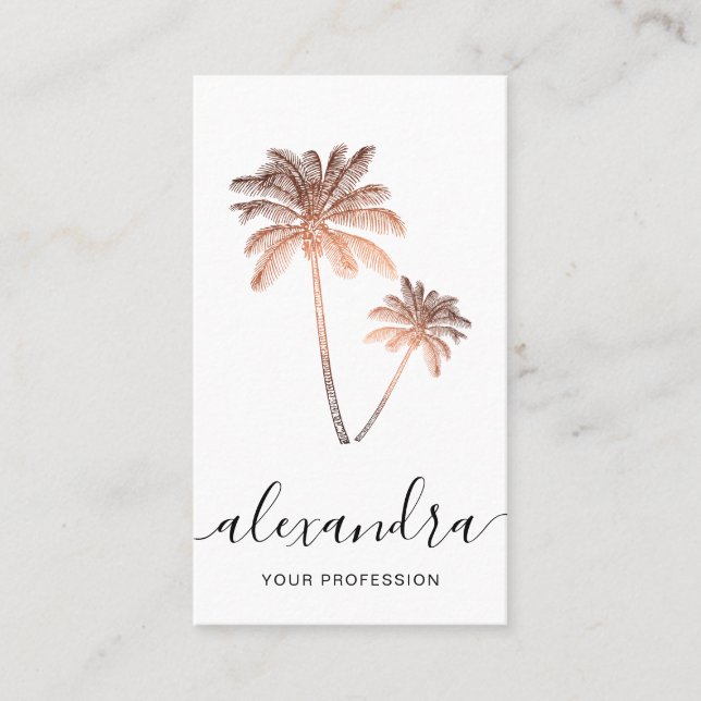 Elegant modern minimal rose gold & white palms business card (Front)