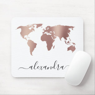 Elegant modern minimal rose gold white world map mouse pad