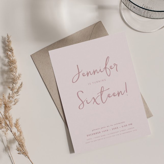 Elegant Modern Minimal Script Sweet 16 Blush Pink  Invitation (Elegant Modern Minimal Script Sweet 16 Blush Pink Invitation)