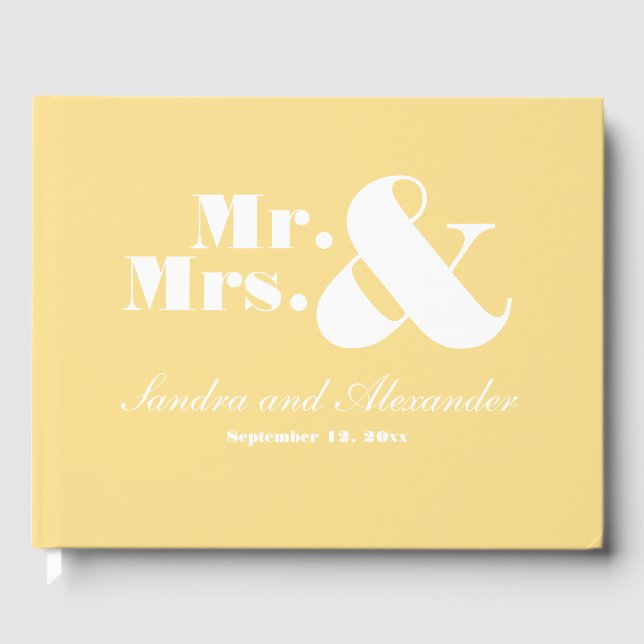  Elegant Modern Minimal Soft Yellow Mr Mrs wedding Guest Book (Front)