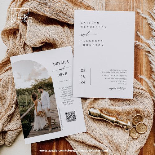 Elegant Modern Minimal Wedding Arch Photo QR Code  Invitation