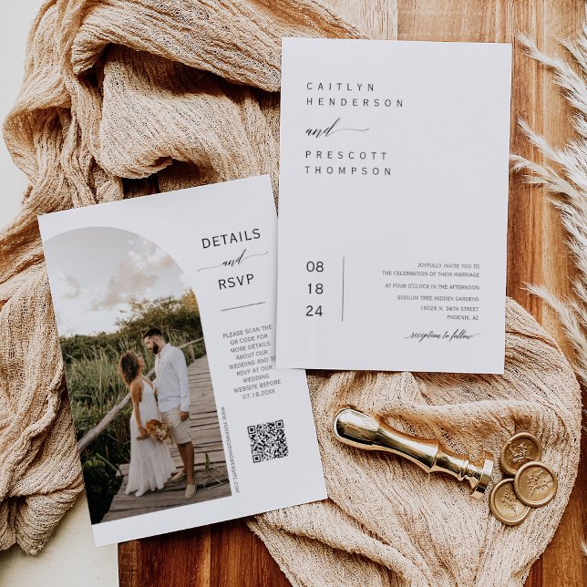 Elegant Modern Minimal Wedding Arch Photo QR Code  Invitation (Creator Uploaded)