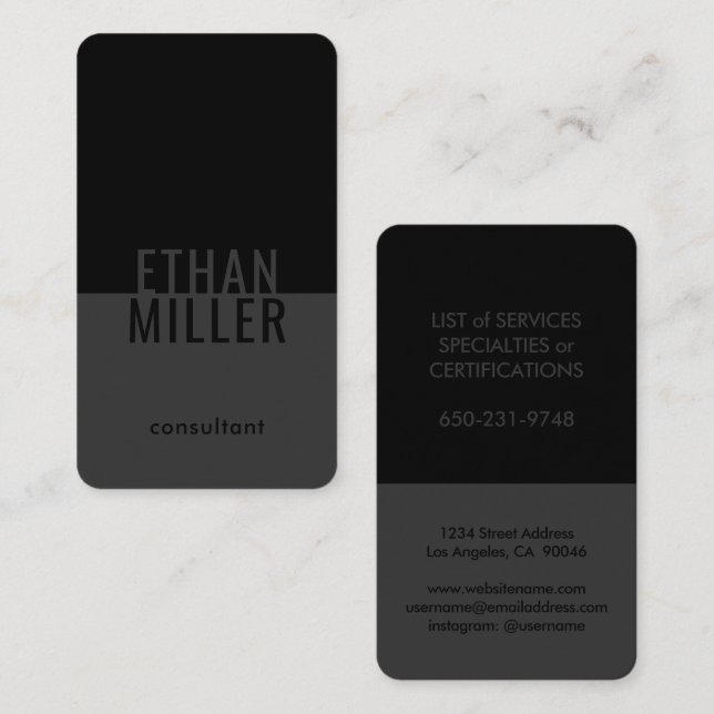 Elegant Modern Minimalist Black and Gray Vertical Business Card (Front/Back)